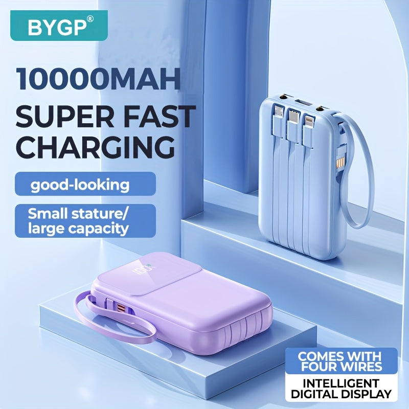 10,000mAh Portable Power Bank with Fast Charging and Built-in Cables – Compact Phone Charger with LED Display