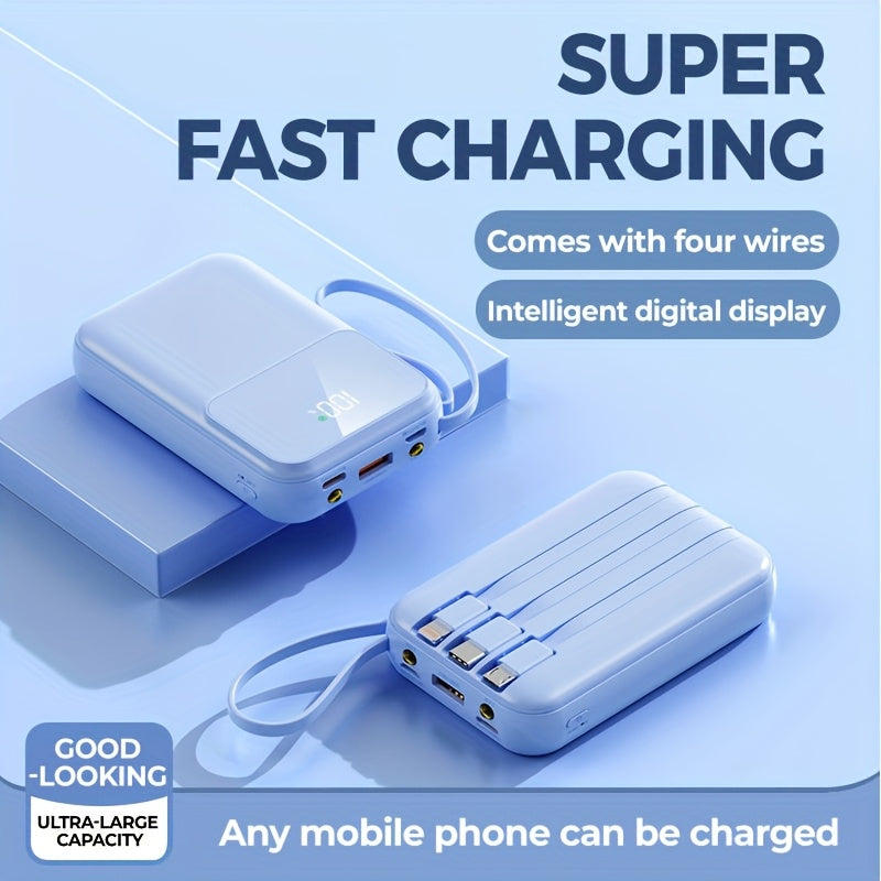 10,000mAh Portable Power Bank with Fast Charging and Built-in Cables – Compact Phone Charger with LED Display