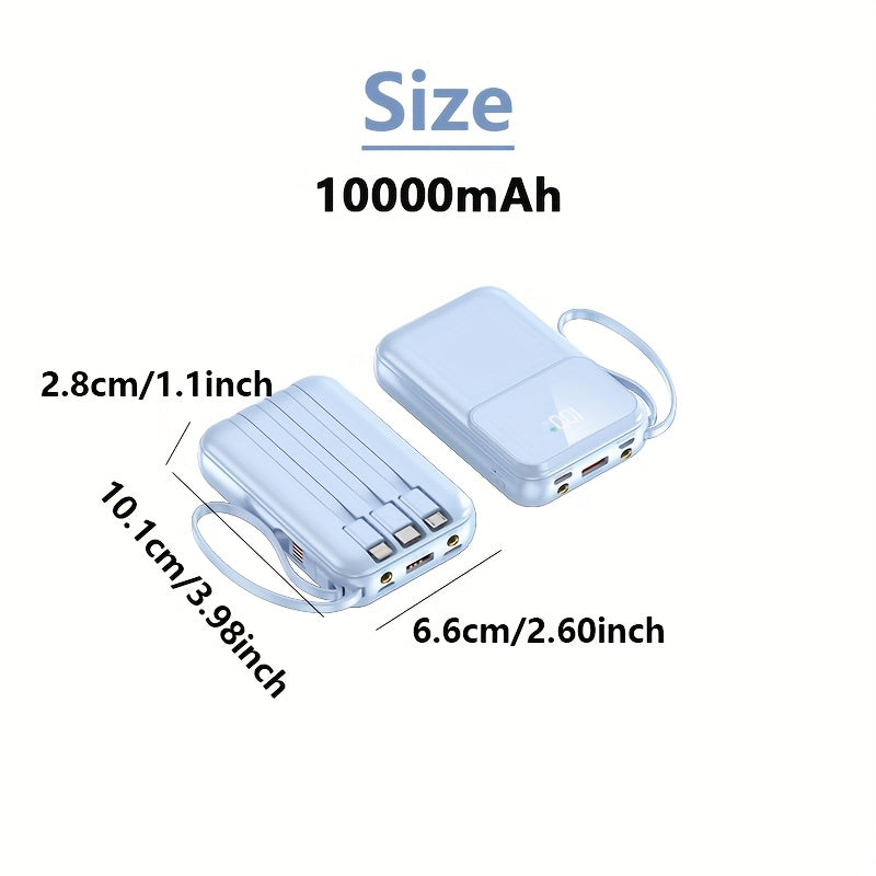 10,000mAh Portable Power Bank with Fast Charging and Built-in Cables – Compact Phone Charger with LED Display