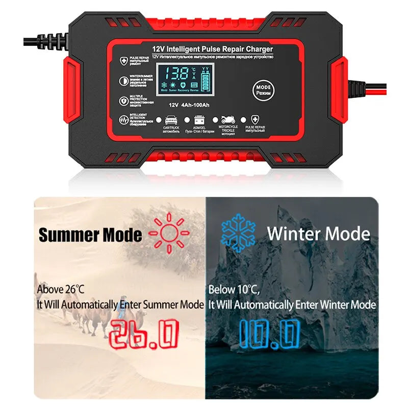 12V 6A Smart Car Battery Charger with Pulse Repair & LCD Display