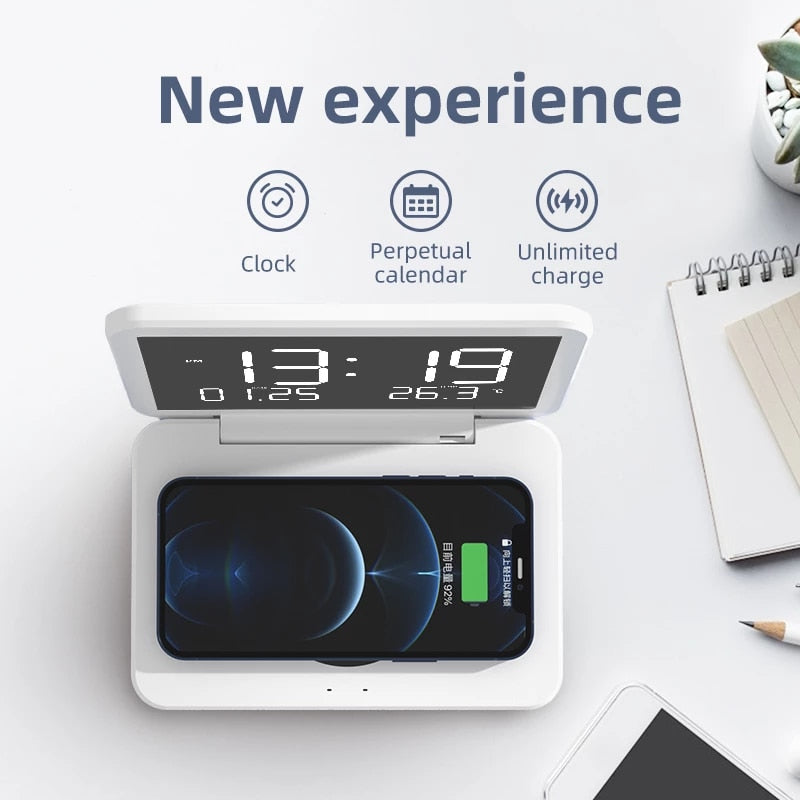 15W Fast Wireless Charging Alarm Clock with Temperature Display and Night Light
