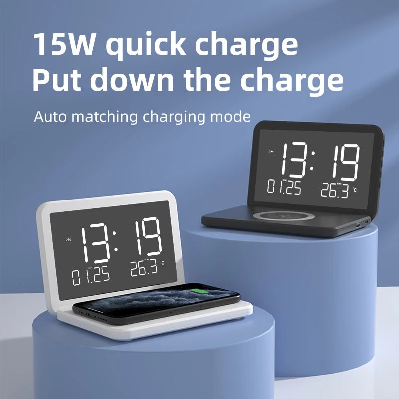 15W Fast Wireless Charging Alarm Clock with Temperature Display and Night Light