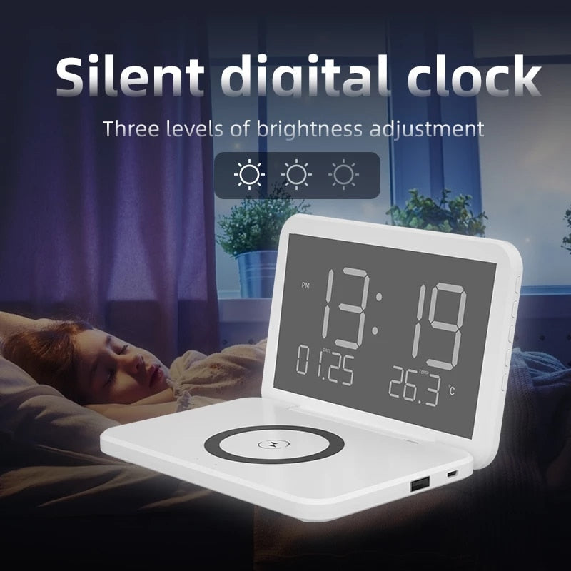 15W Fast Wireless Charging Alarm Clock with Temperature Display and Night Light