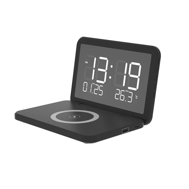 15W Fast Wireless Charging Alarm Clock with Temperature Display and Night Light