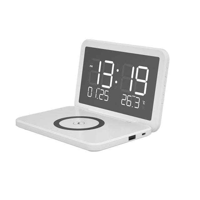15W Fast Wireless Charging Alarm Clock with Temperature Display and Night Light