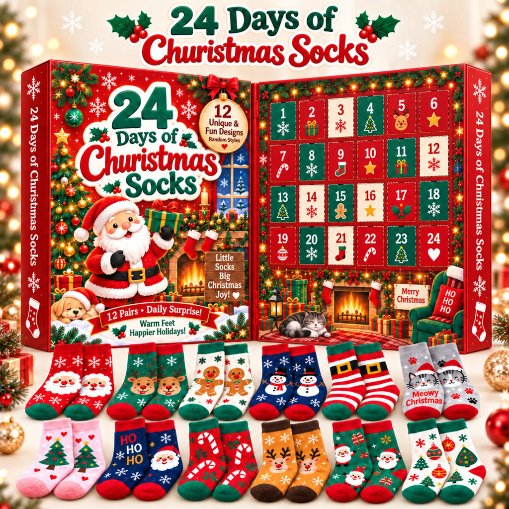 24 Days of Christmas Socks Advent Calendar, 12-Pair Mystery Sock Gift Box, Random Festive Designs, Holiday Countdown Chr