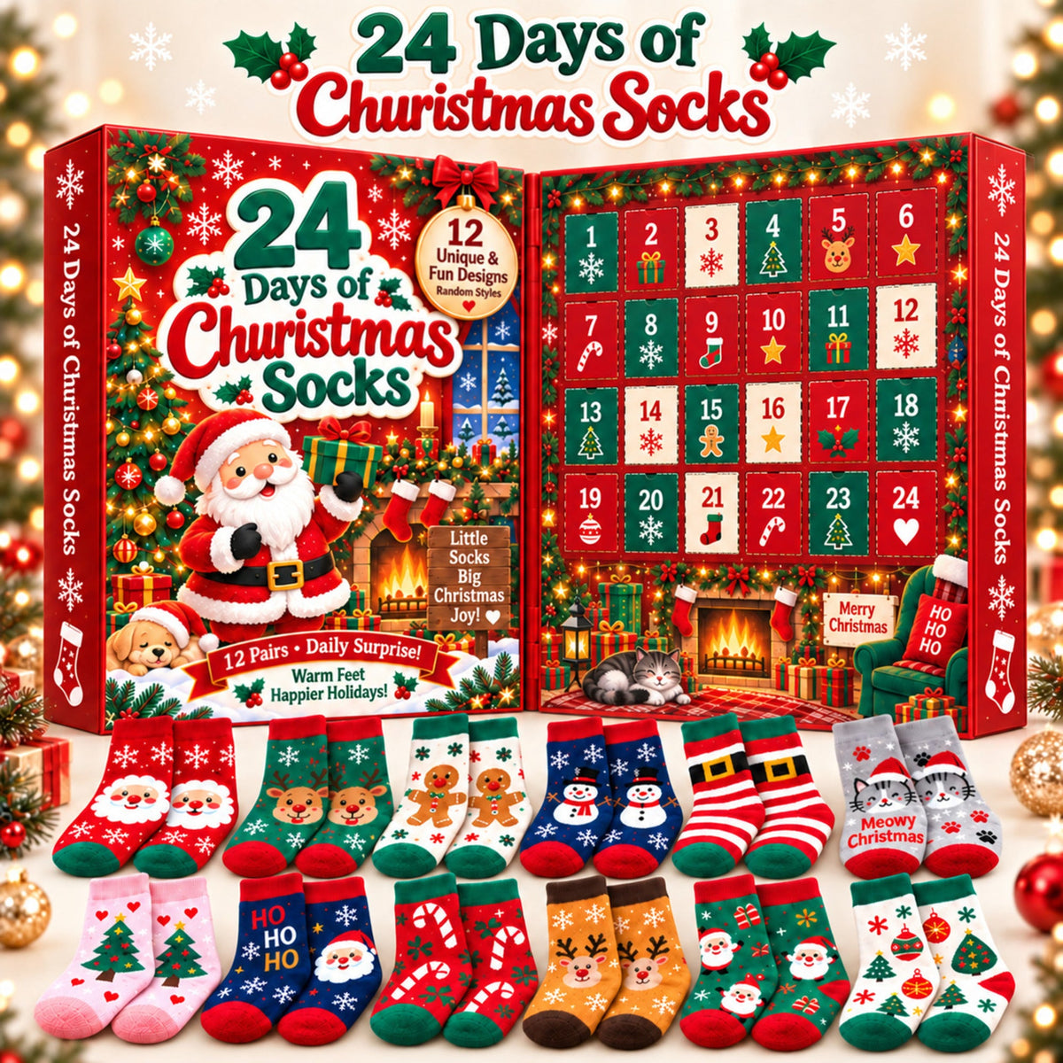 24 Days of Christmas Socks Advent Calendar, 12-Pair Mystery Sock Gift Box, Random Festive Designs, Holiday Countdown Chr