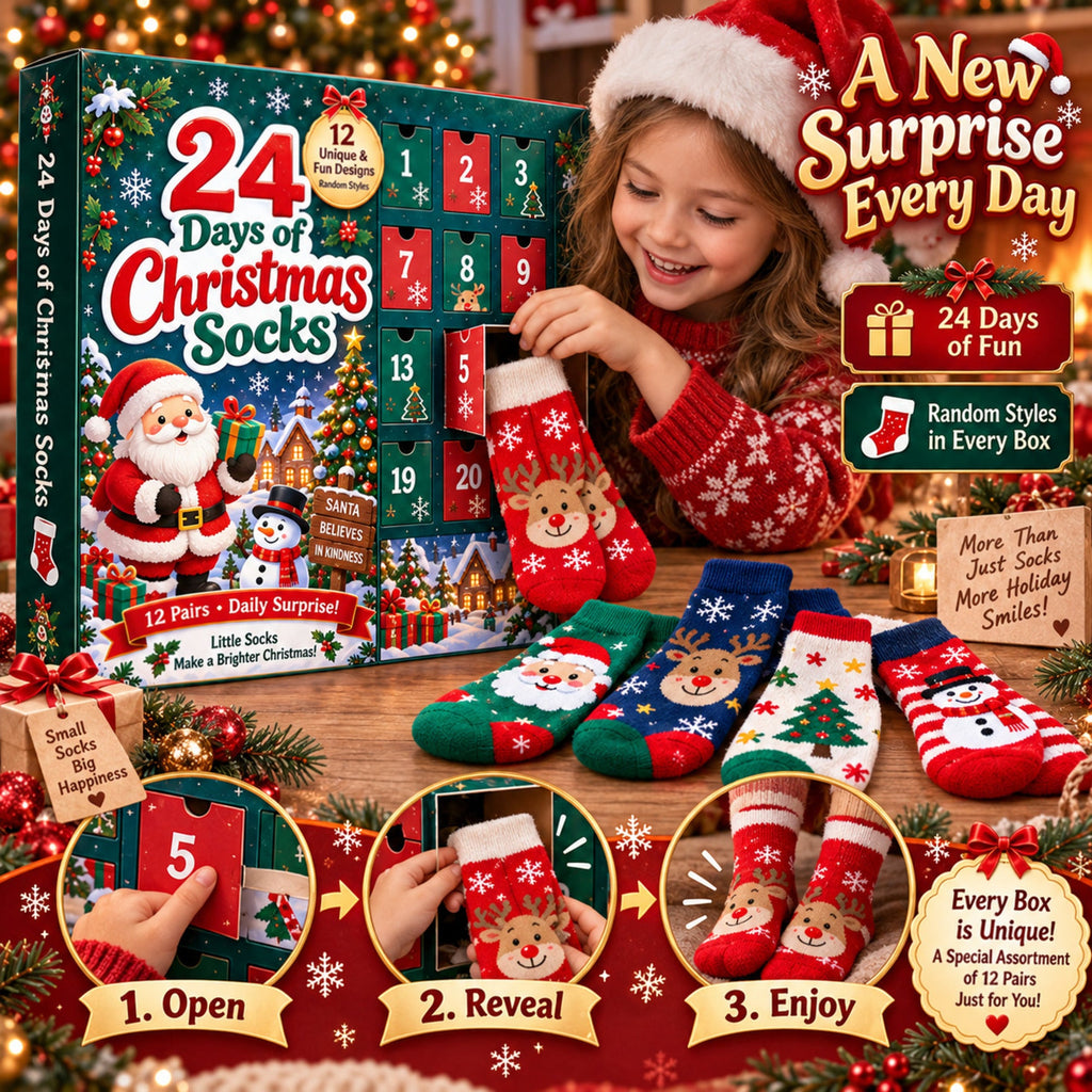 24 Days of Christmas Socks Advent Calendar, 12-Pair Mystery Sock Gift Box, Random Festive Designs, Holiday Countdown Chr