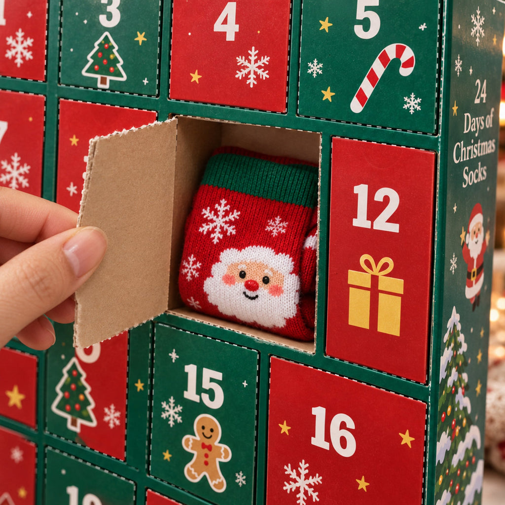 24 Days of Christmas Socks Advent Calendar, 12-Pair Mystery Sock Gift Box, Random Festive Designs, Holiday Countdown Chr