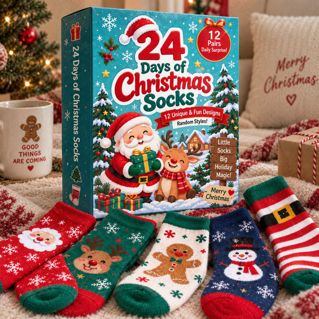 24 Days of Christmas Socks Advent Calendar, 12-Pair Mystery Sock Gift Box, Random Festive Designs, Holiday Countdown Chr