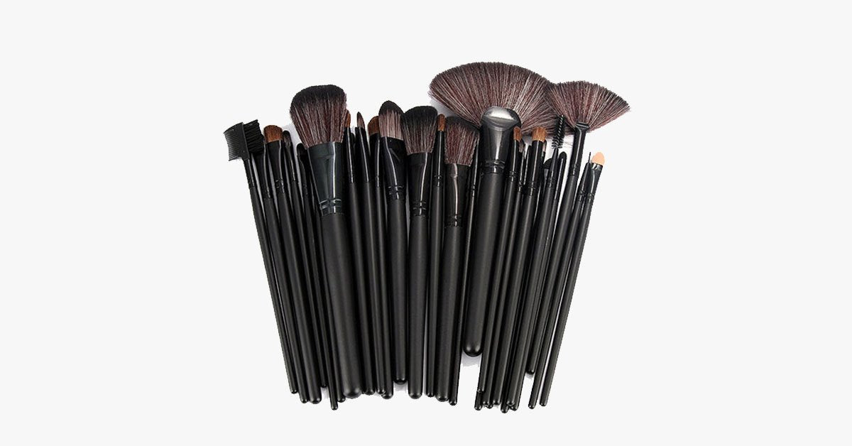32-Piece Black Makeup Brush Set with Vegan Leather Case