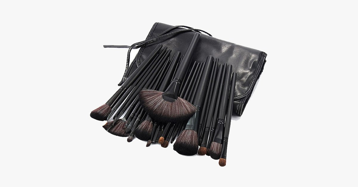 32-Piece Black Makeup Brush Set with Vegan Leather Case