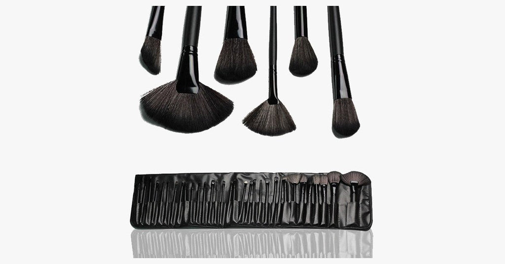 32-Piece Black Makeup Brush Set with Vegan Leather Case