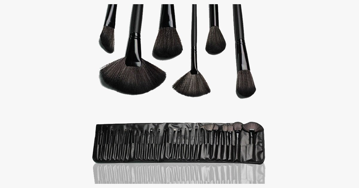32-Piece Black Makeup Brush Set with Vegan Leather Case