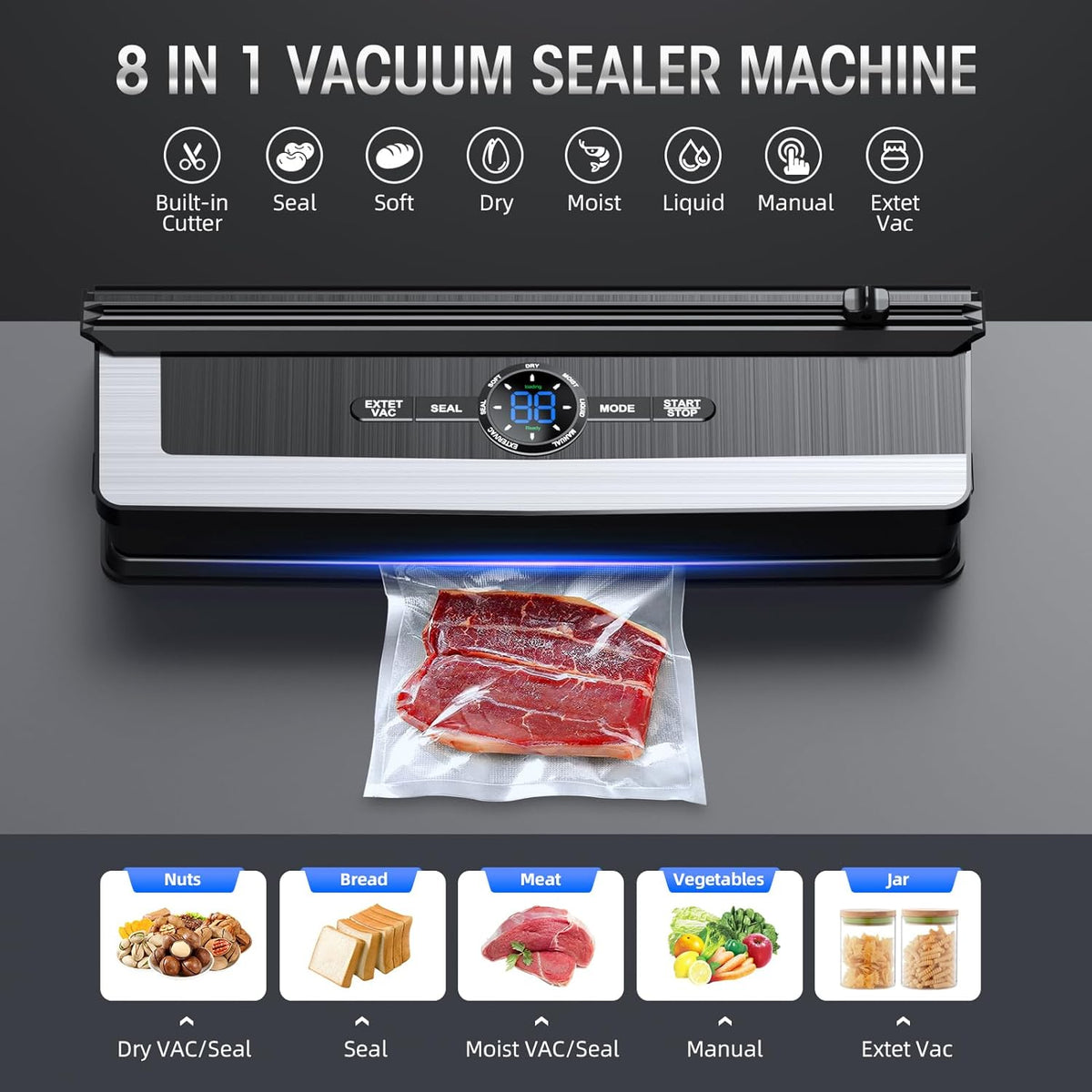 8-in-1 Vacuum Sealer with Built-In Cutter for Dry & Moist Foods