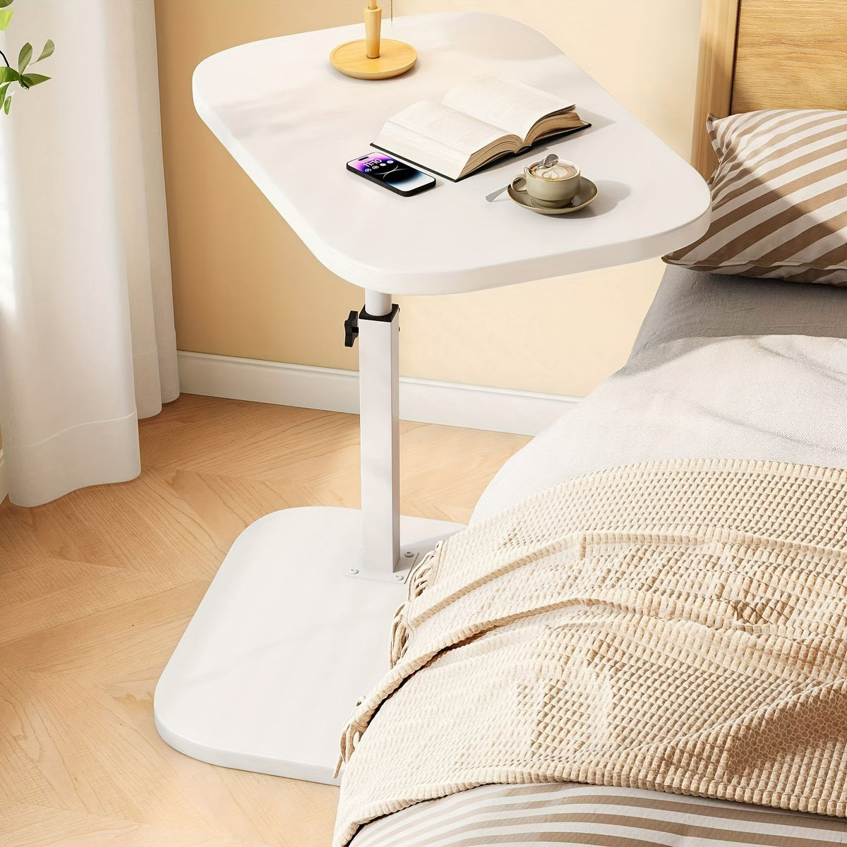 Adjustable Side Table with Natural Wood Top and Metal Frame