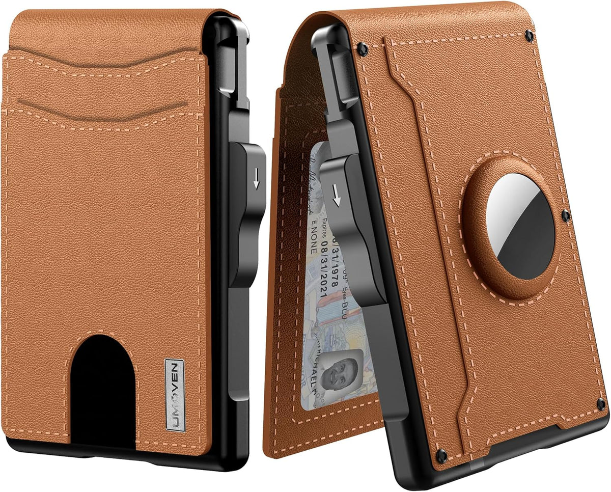 AirTag Wallet for Men - with Pop Up Aluminum Case Money Clip Slim Leather Slots Credit Card Holder RFID Blocking Bifold 