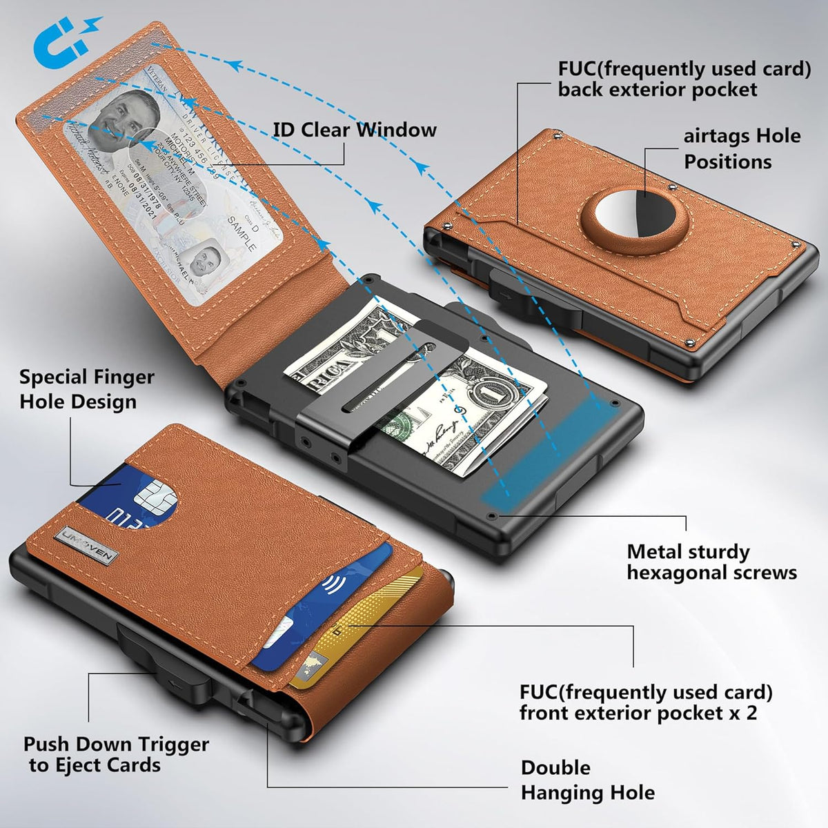AirTag Wallet for Men - with Pop Up Aluminum Case Money Clip Slim Leather Slots Credit Card Holder RFID Blocking Bifold 