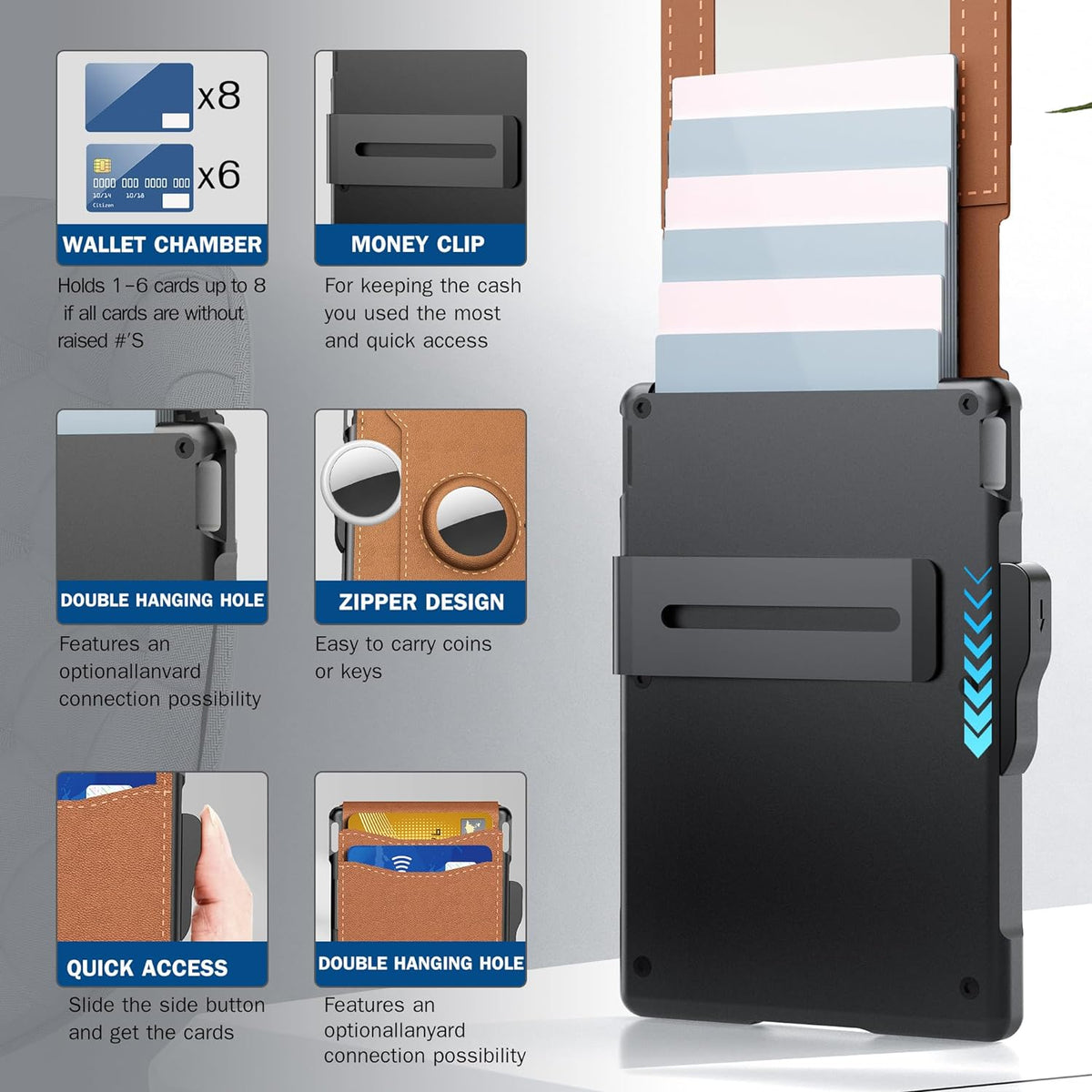 AirTag Wallet for Men - with Pop Up Aluminum Case Money Clip Slim Leather Slots Credit Card Holder RFID Blocking Bifold 