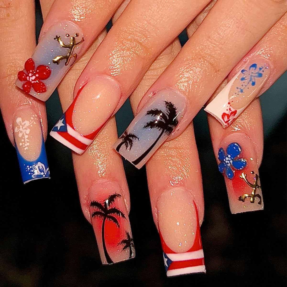 Artistic Acrylic Press-On Nails with Floral and Tropical Design