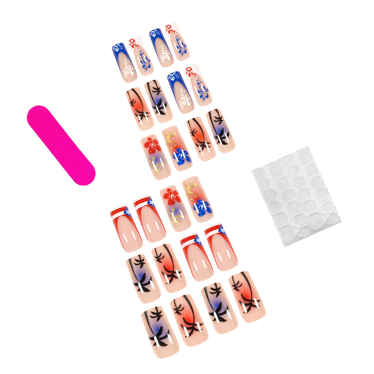 Artistic Acrylic Press-On Nails with Floral and Tropical Design