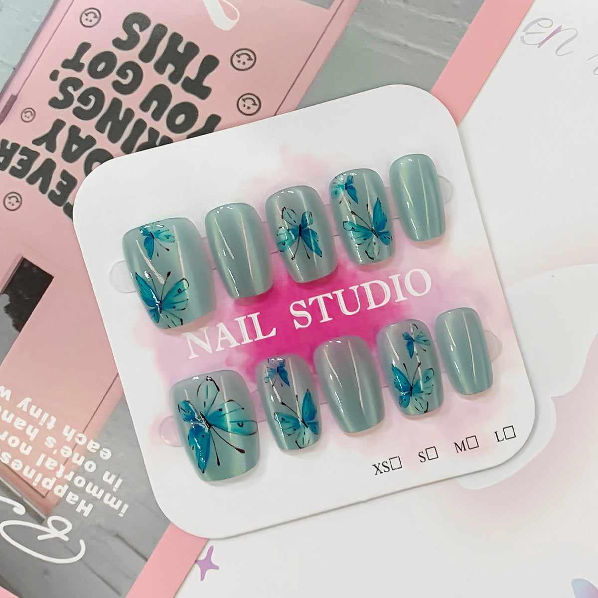 Artistic Acrylic Press-On Nails with Butterfly Design