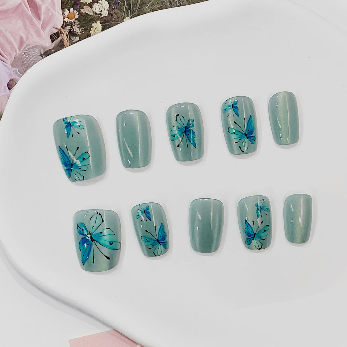 Artistic Acrylic Press-On Nails with Butterfly Design