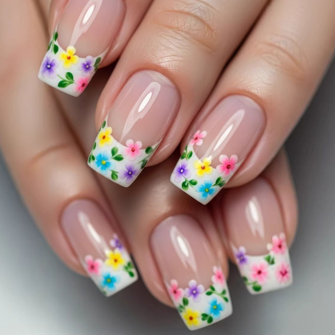 Artistic Press-On Nails with Colorful Flower Designs