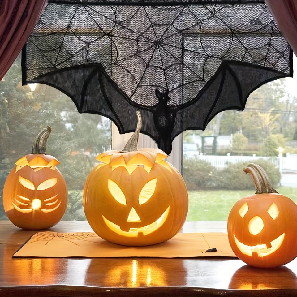 Black Lace Halloween Table Runner with Bat and Spiderweb Design