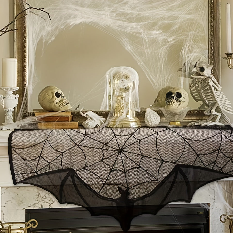 Black Lace Halloween Table Runner with Bat and Spiderweb Design
