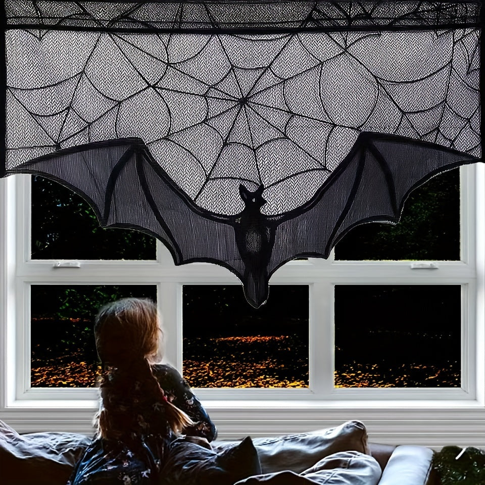 Black Lace Halloween Table Runner with Bat and Spiderweb Design