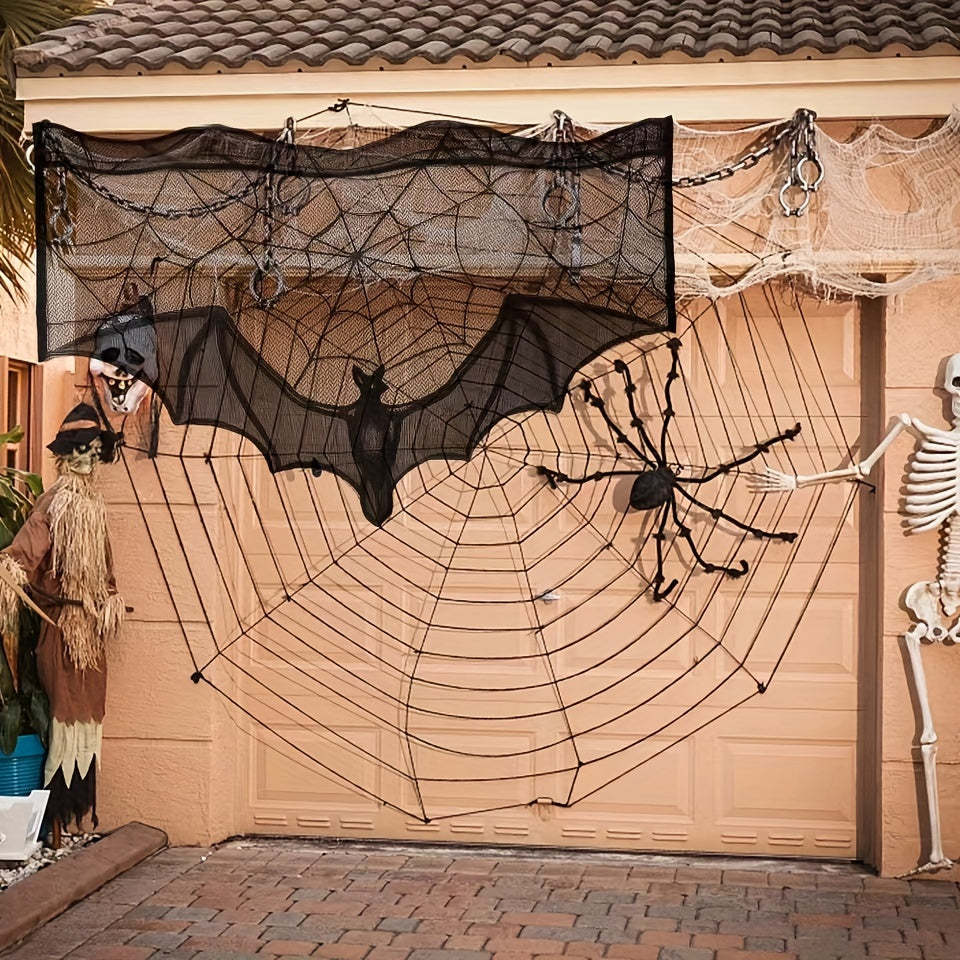 Black Lace Halloween Table Runner with Bat and Spiderweb Design