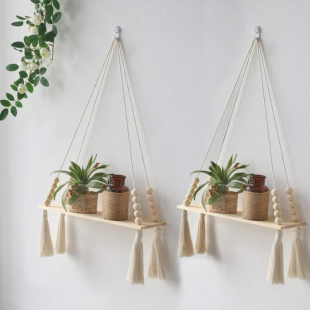 Boho Macrame Wall Shelf – Floating Wood Hanging Shelves for Plants & Decor