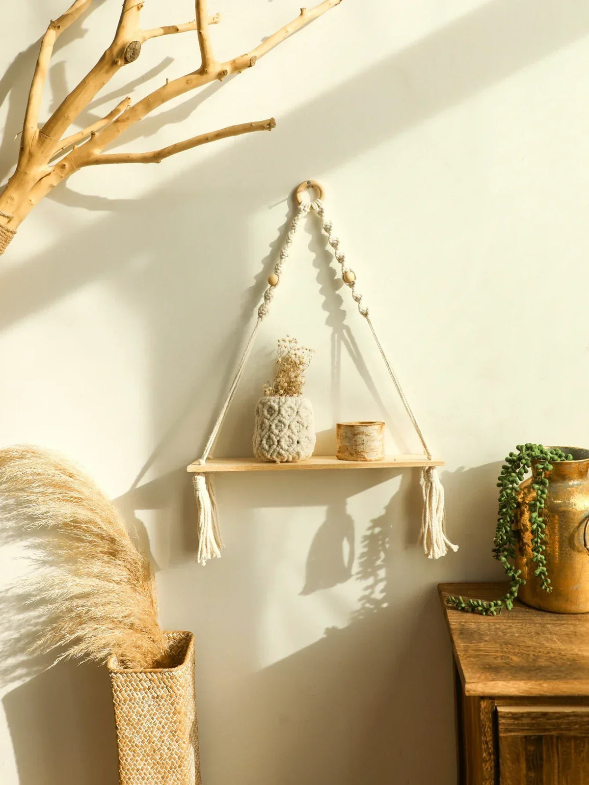 Boho Macrame Wall Shelf – Floating Wood Hanging Shelves for Plants & Decor