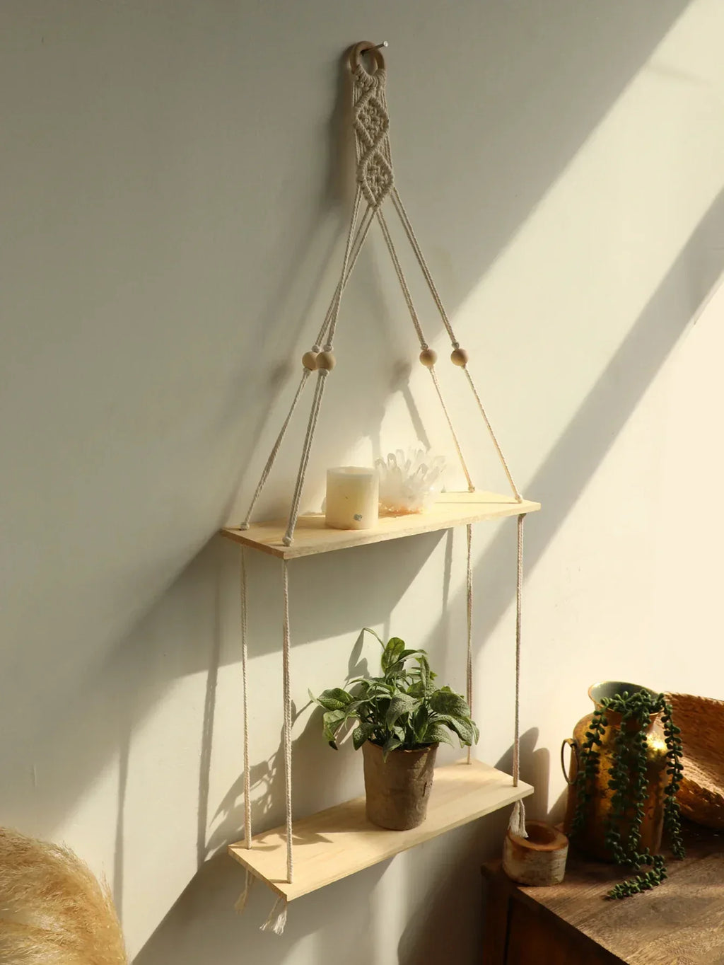 Boho Macrame Wall Shelf – Floating Wood Hanging Shelves for Plants & Decor