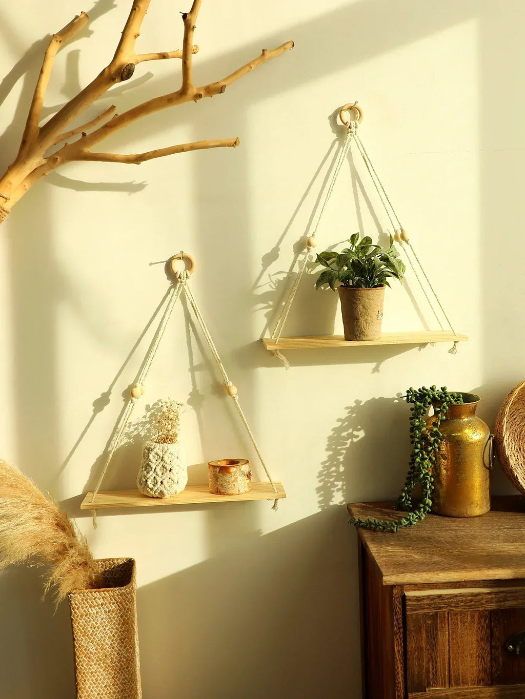 Boho Macrame Wall Shelf – Floating Wood Hanging Shelves for Plants & Decor