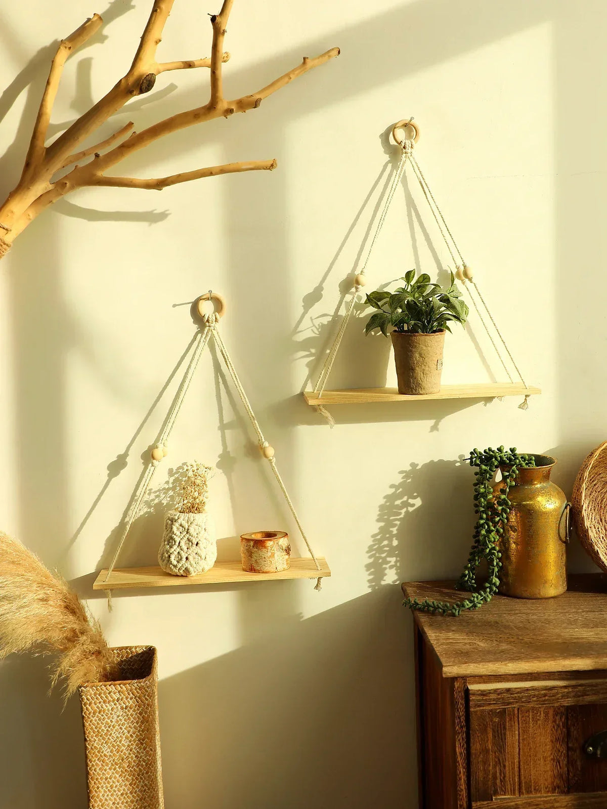 Boho Macrame Wall Shelf – Floating Wood Hanging Shelves for Plants & Decor