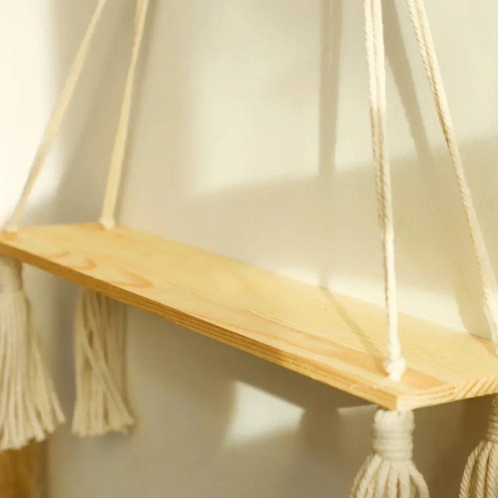 Boho Macrame Wall Shelf – Floating Wood Hanging Shelves for Plants & Decor