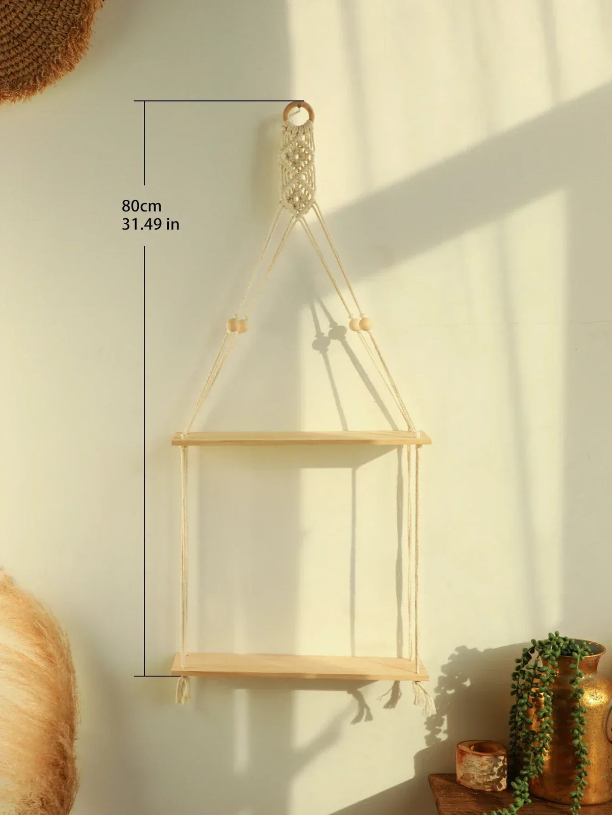 Boho Macrame Wall Shelf – Floating Wood Hanging Shelves for Plants & Decor