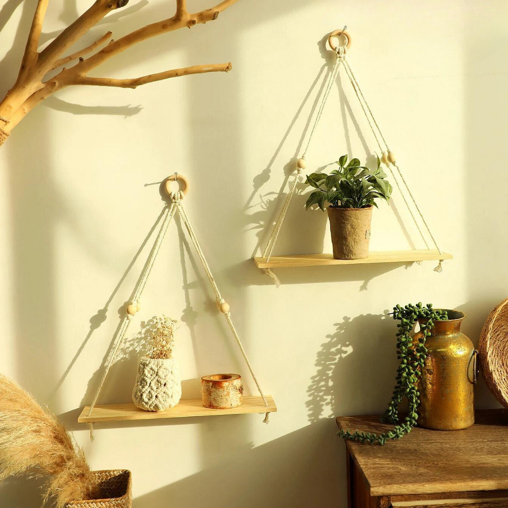 Boho Macrame Wall Shelf – Floating Wood Hanging Shelves for Plants & Decor