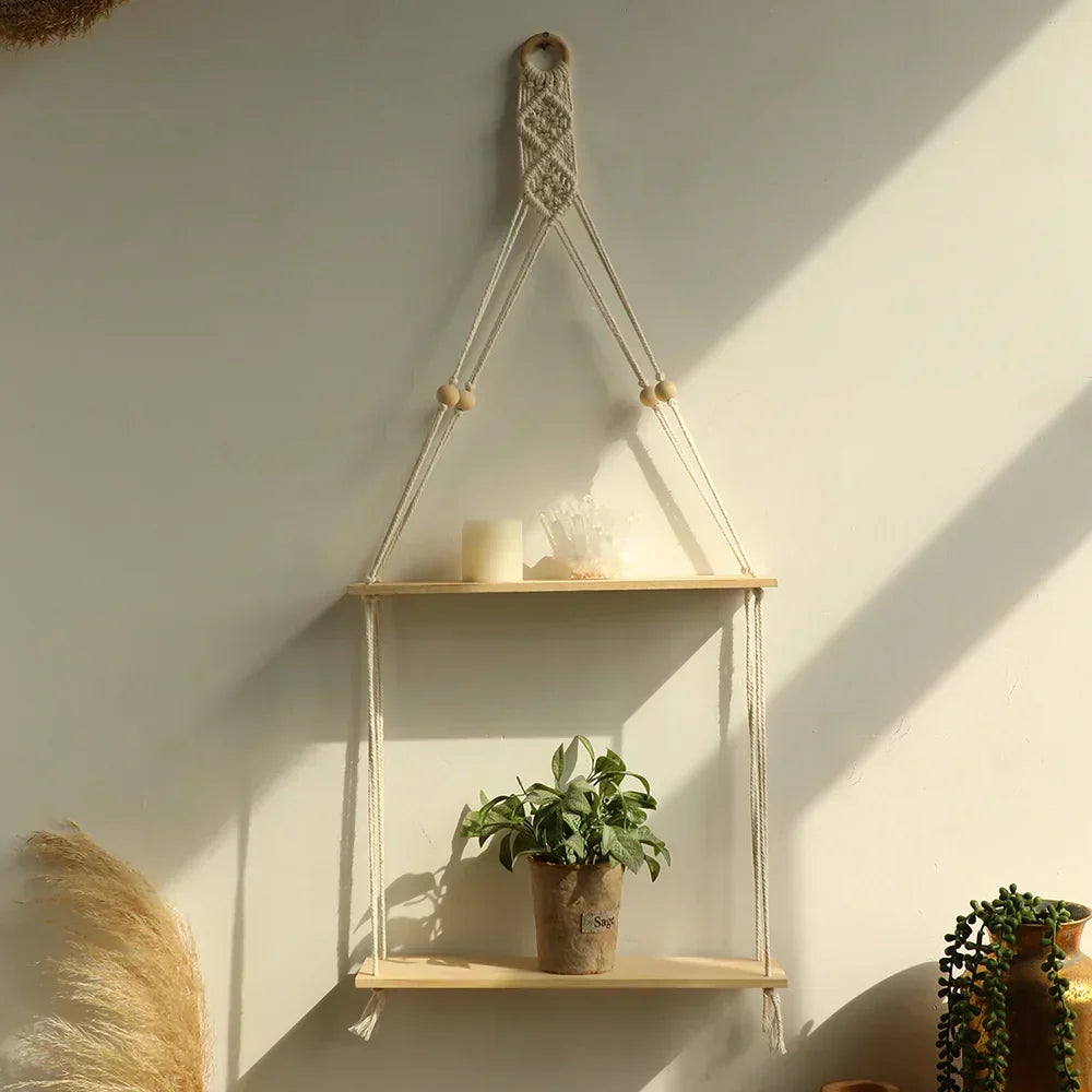 Boho Macrame Wall Shelf – Floating Wood Hanging Shelves for Plants & Decor