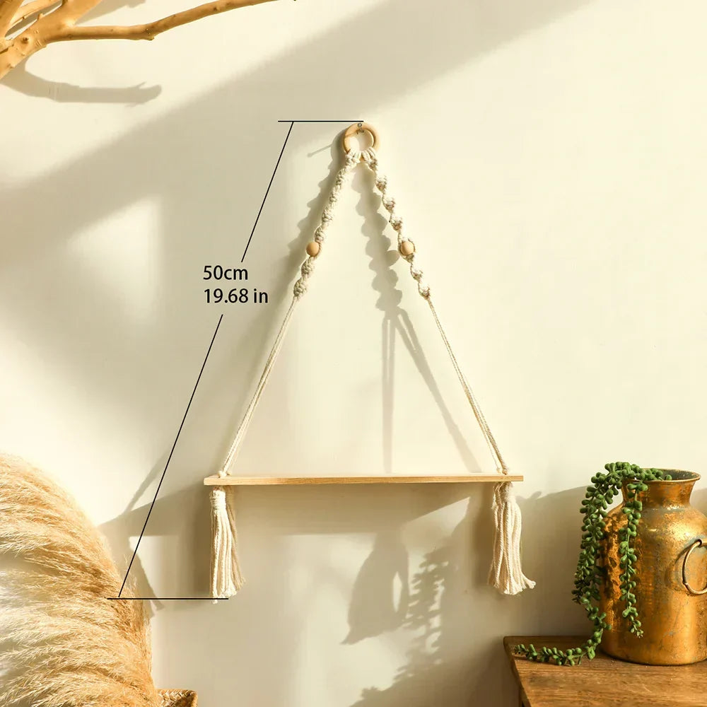 Boho Macrame Wall Shelf – Floating Wood Hanging Shelves for Plants & Decor