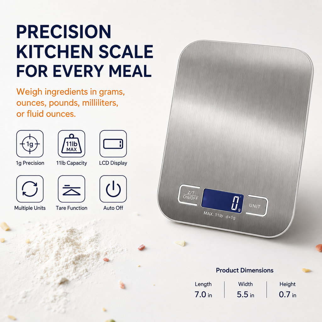 Brushed Stainless Steel Digital Kitchen Scale with Tare Function