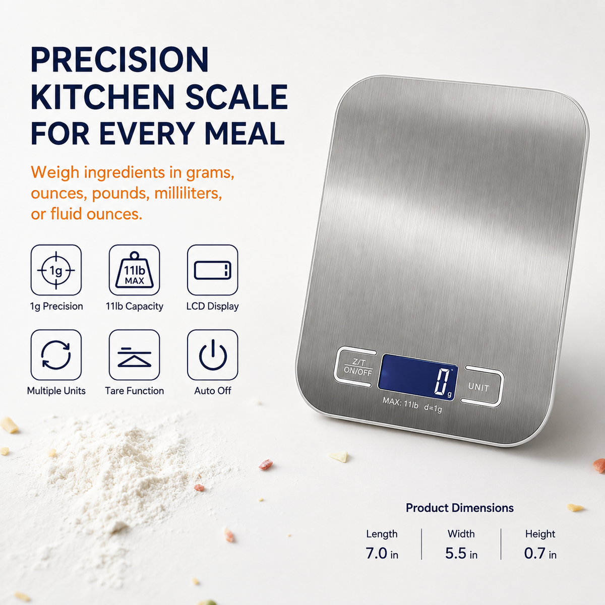 Brushed Stainless Steel Digital Kitchen Scale with Tare Function