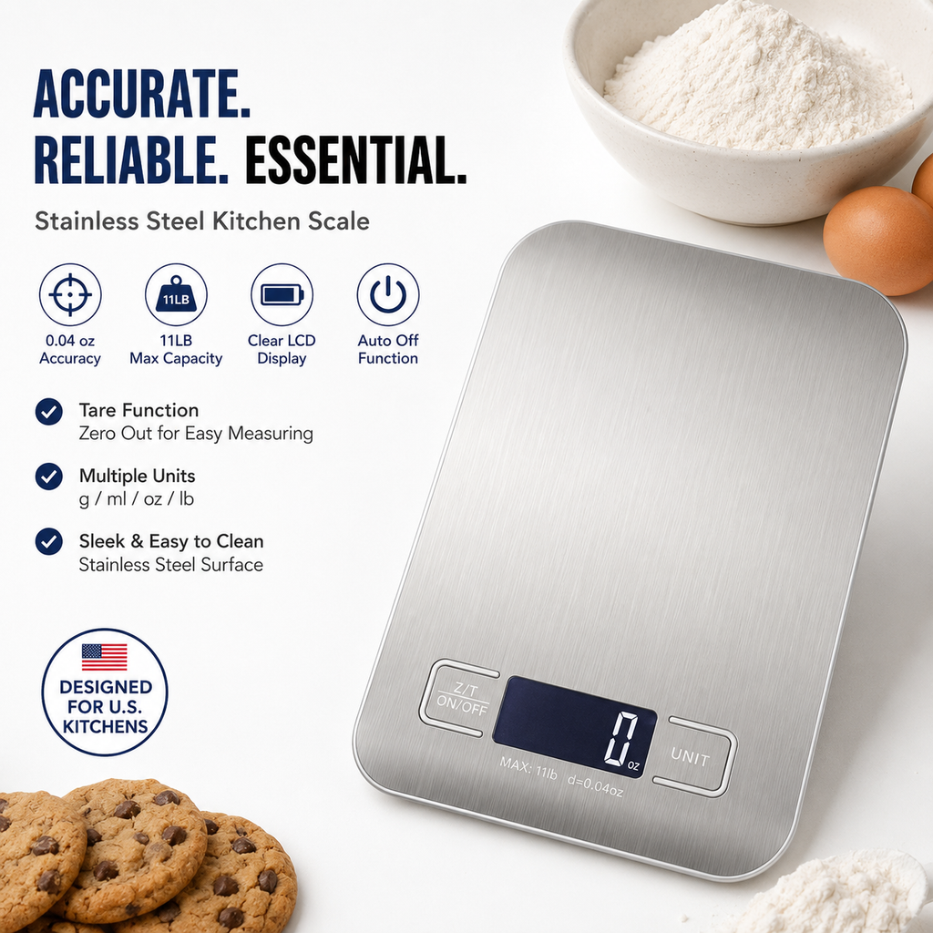 Brushed Stainless Steel Digital Kitchen Scale with Tare Function