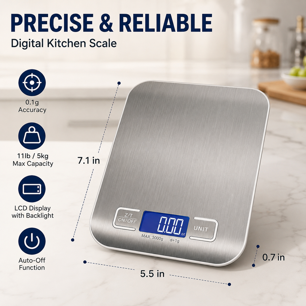 Brushed Stainless Steel Digital Kitchen Scale with Tare Function
