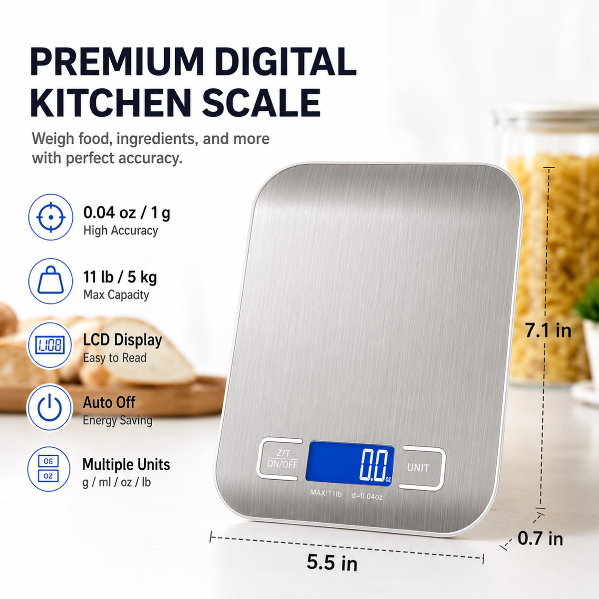 Brushed Stainless Steel Digital Kitchen Scale with Tare Function