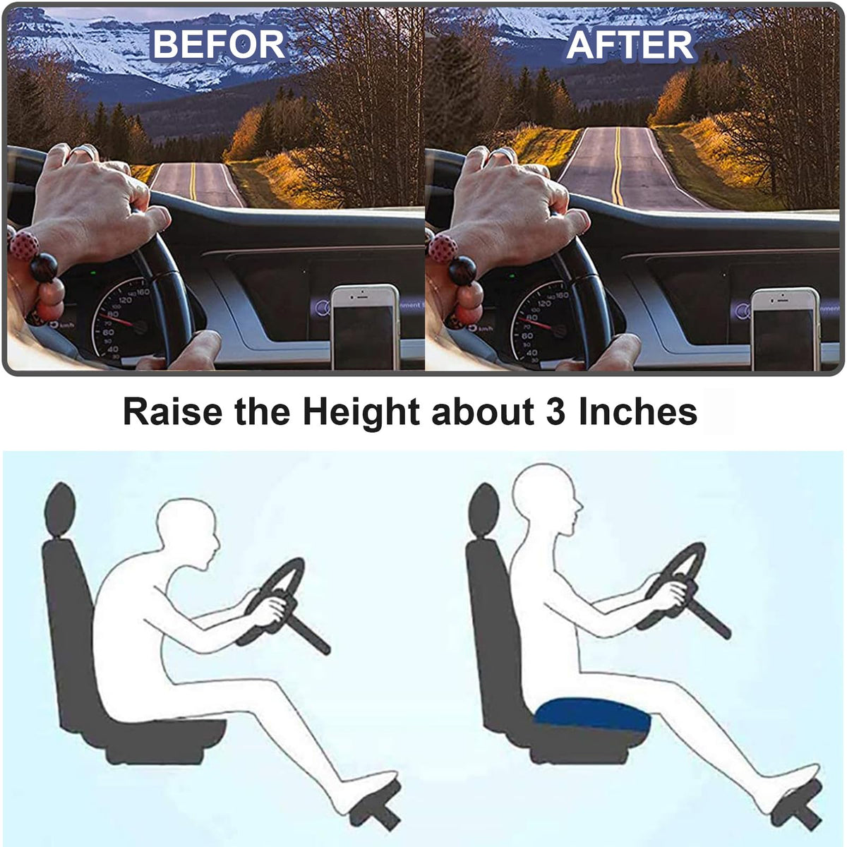 Car Cushion Height Increase – Ergonomic Seat Booster Cushion with Memory Foam