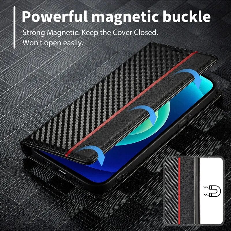Carbon Fiber Flip Wallet Case for Samsung S23 with Card Holder and Magnetic Closure