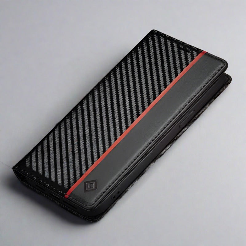 Carbon Fiber Flip Wallet Case for Samsung S23 with Card Holder and Magnetic Closure